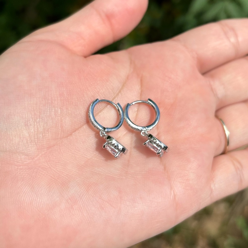 18K White Gold Plated Stainless Steel Diamond Dangling Earrings - Picture 5 of 5
